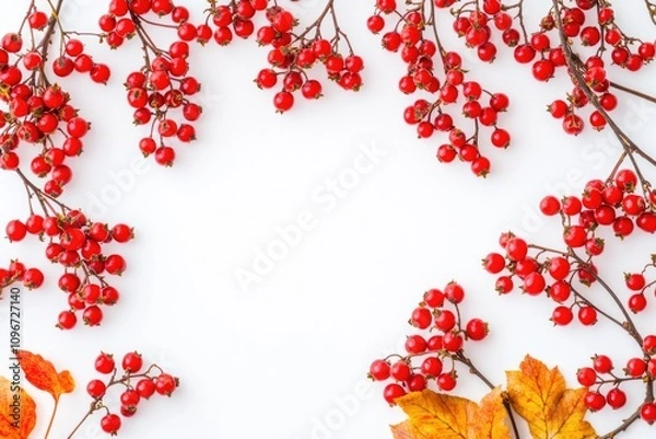 Fototapeta Fresh red berries growing amidst yellow leaves on a white background