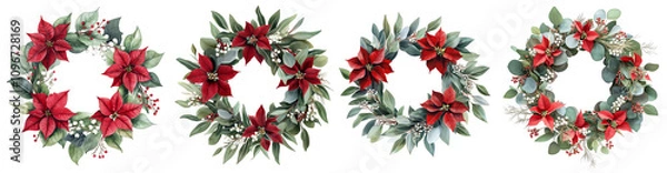 Fototapeta Set of Christmas wreath of red poinsettia, eucalyptus, gum leaves, sage green, watercolor, isolated on a Transparent background