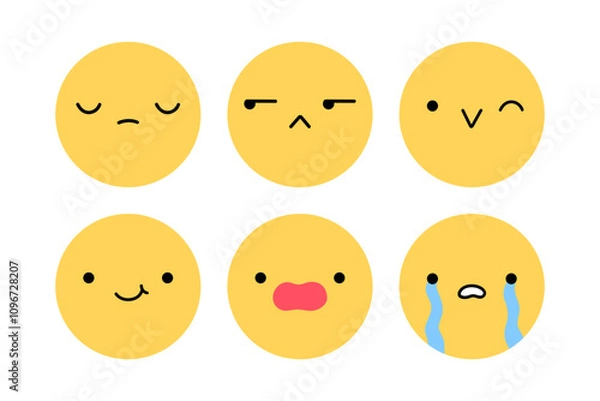 Fototapeta A cute emoji set with different facial expressions. Yellow characters with happy, joyful, sad, disappointed, surprised, crying mood. Vector flat illustration.  Perfect for social media, stickers.