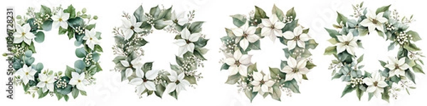 Fototapeta Set of Christmas wreath of white poinsettia, eucalyptus, gum leaves, sage green, watercolor, isolated on a Transparent background