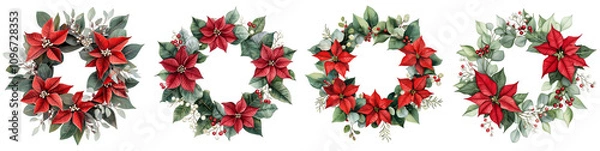 Fototapeta Set of Christmas wreath of red poinsettia, eucalyptus, gum leaves, sage green, watercolor, isolated on a Transparent background