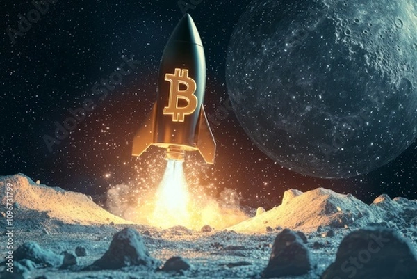 Fototapeta Bitcoin Rocket Going to the Moon. BTC Cryptocurrency Symbol. Space Exploration Background Concept Art