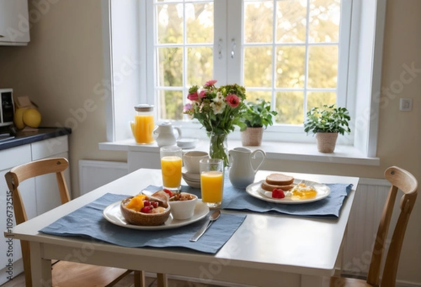 Fototapeta Breakfast for two served on the kitchen table with food and drinks in the morning.