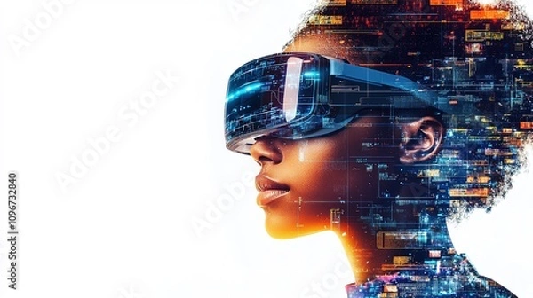 Fototapeta futuristic tech illustration of a person wearing augmented reality glasses, isolated on a clean white background, with digital interface elements
