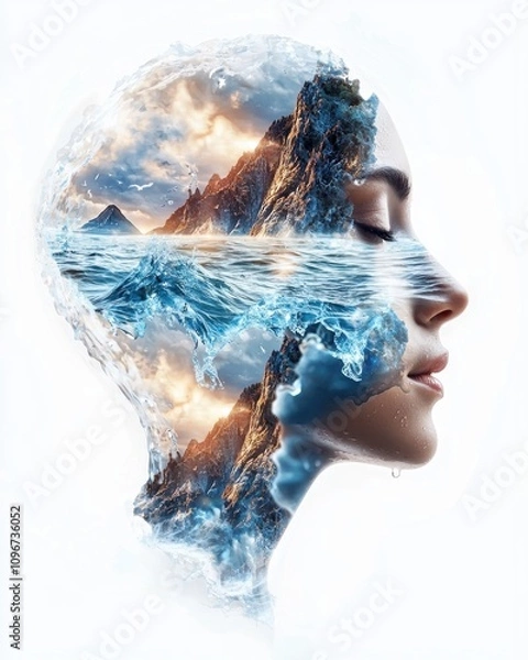 Fototapeta Double exposure concept with human face silhouettes and texture. Surreal portrait blending nature and human features