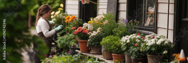 Fototapeta A florist meticulously arranges an array of vibrant blooms in rustic clay pots outside a charming shop, blending nature’s beauty with artistic creativity.