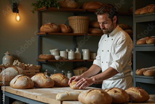 Fototapeta A baker arranging loaves of bread in a quaint countryside bakery