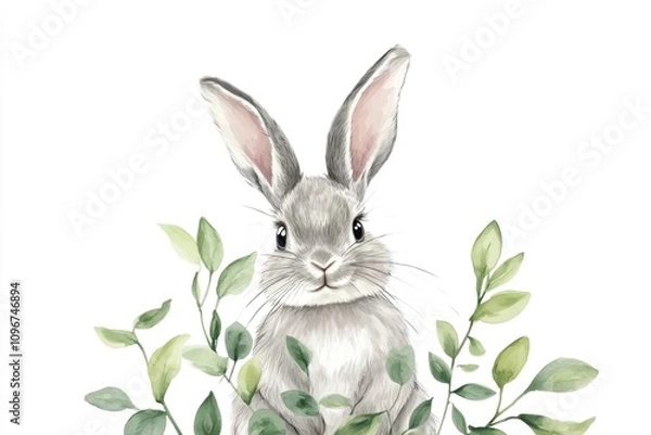 Fototapeta A whimsical illustration of a rabbit nestled among lush green leaves