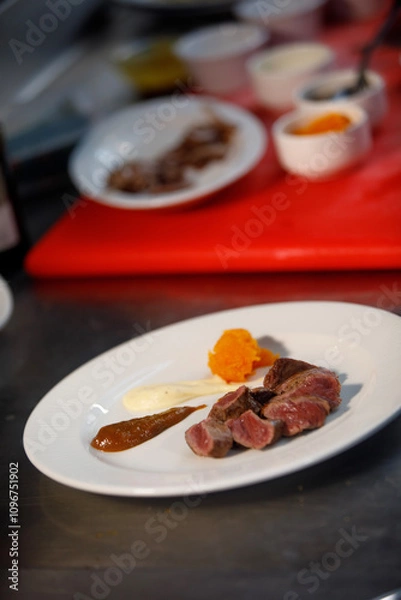 Fototapeta Ready to be eat, plate of cooked meat with sauces in side