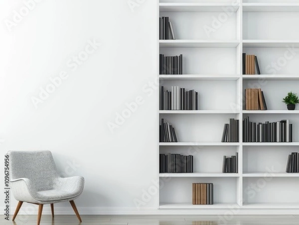 Fototapeta A minimalist libraryoffice with monochrome shelving, a slim writing desk, and minimal decor, offering a clean and organized workspace