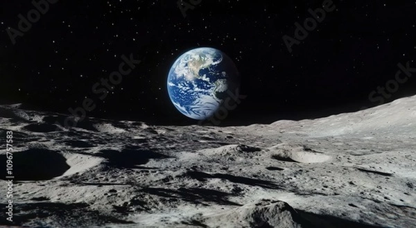 Fototapeta A view of Earth from the Moon. The Earth is seen in space with stars in the background. 