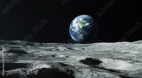 Fototapeta A view of Earth from the Moon. The Earth is seen in space with stars in the background. 
