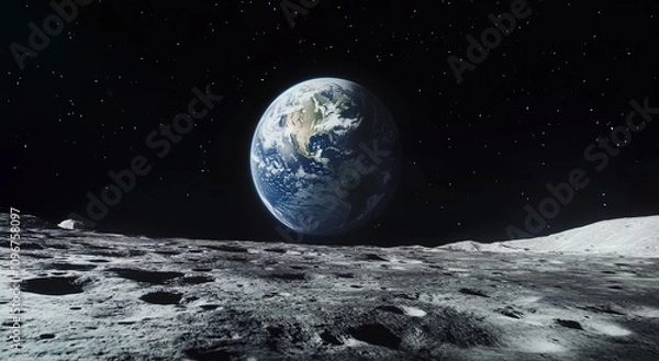 Fototapeta A view of Earth from the Moon. The Earth is seen in space with stars in the background. 