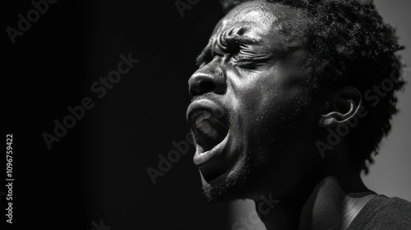 Fototapeta person passionately expressing emotion through powerful vocal performance, captured in dramatic black and white lighting. intensity of moment is palpable, highlighting depth of feeling