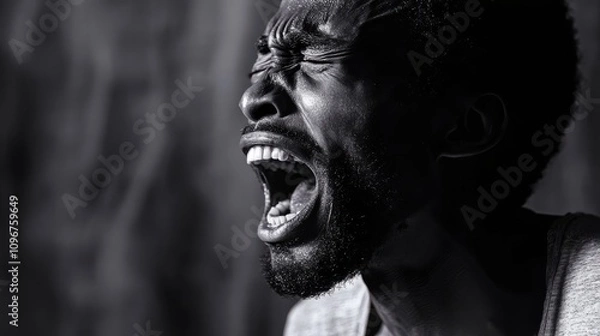 Fototapeta man passionately expressing intense emotion through dramatic scream, captured in black and white, highlighting raw power of human expression