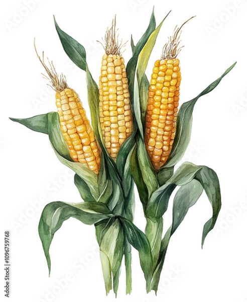 Fototapeta Three corn cobs are shown in a painting, with green leaves surrounding them. The painting has a bright and cheerful mood, with the corn cobs and leaves creating a sense of abundance and growth