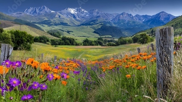 Fototapeta A field of wildflowers with mountains in the background