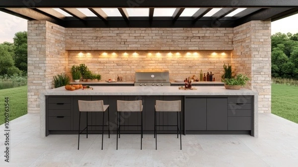 Fototapeta A modern outdoor kitchen featuring sleek cabinetry, stone walls, and bar stools, illuminated with warm lighting, perfect for entertaining.