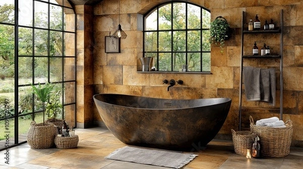 Obraz A bathroom with a large window and a bathtub