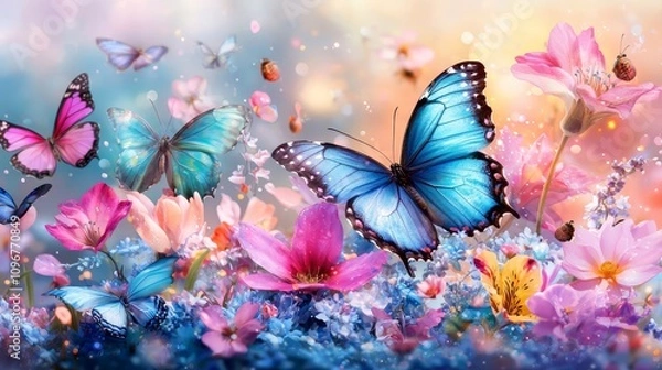 Fototapeta A group of blue and pink butterflies flying over a field of flowers