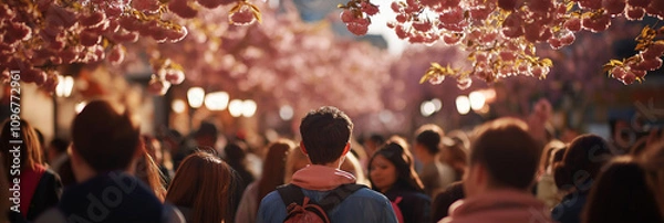 Obraz A lively scene from a cherry blossom festival, capturing the beauty of pink blossoms with a crowd of people enjoying the vibrant seasonal celebration.