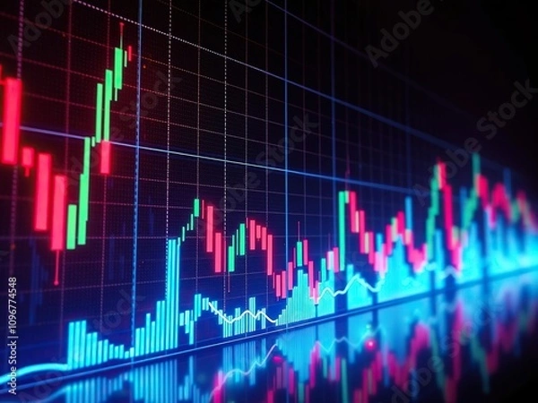 Fototapeta Glowing forex chart background with neon-lit ticker tape display, high-tech visuals, financial displays, stock market backgrounds