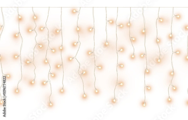 Obraz Decorative realistic christmas yellow glowing hanging light chains garland in seamless pattern on transparent background