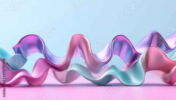 Fototapeta 3D render, abstract background with colorful, wavy metallic shapes in pink, purple, and blue colors, with a shiny surface