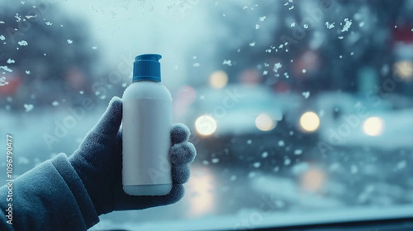 Obraz A hand wearing a glove holds a lotion bottle in focus, contrasted against a snowy urban backdrop with blurred car lights, illustrating the essence of winter care.