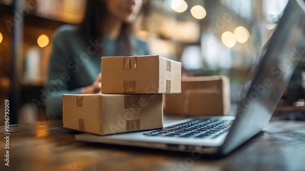 Fototapeta A woman working with packages and laptop in a cozy environment with warm lighting