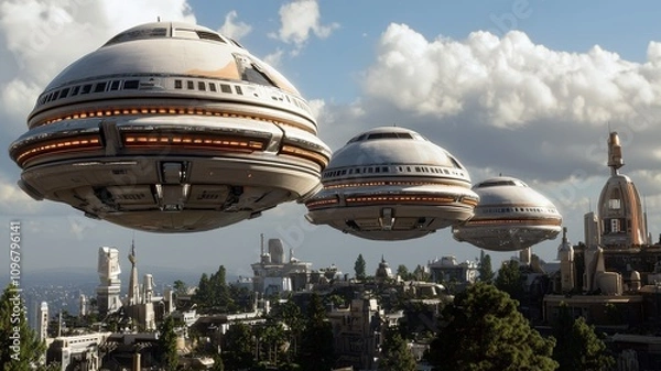 Fototapeta futuristic buildings to utopian vision concept. A futuristic cityscape features hovering spaceships amidst clouds, showcasing advanced technology and a vibrant landscape.