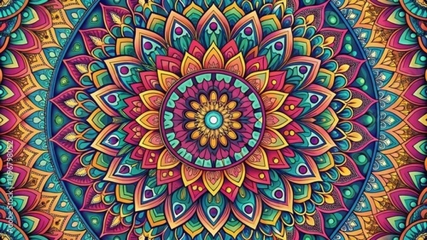 Fototapeta A vibrant and intricate mandala design featuring a circular pattern of overlapping petals in a rainbow of colors.