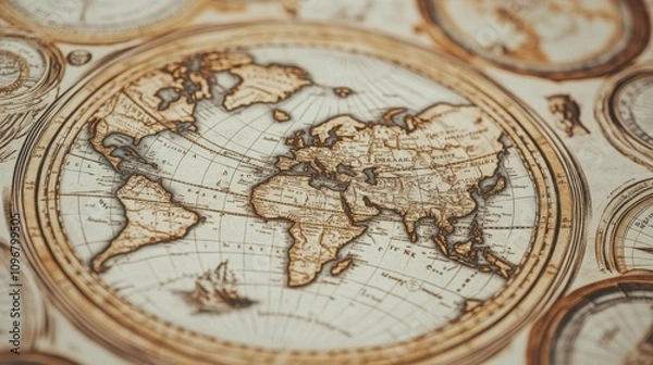 Fototapeta An antique world map showcasing intricate details of continents and oceans, perfect for history enthusiasts and travel lovers.