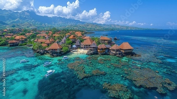 Fototapeta Luxury resort on a tropical island with clear blue water and green hills in the background during a sunny day