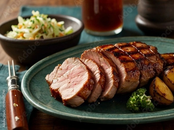 Fototapeta sliced ​​piece of juicy steak meat with blood served on a plate in a restaurant with vegetables and garnish gourmet serving