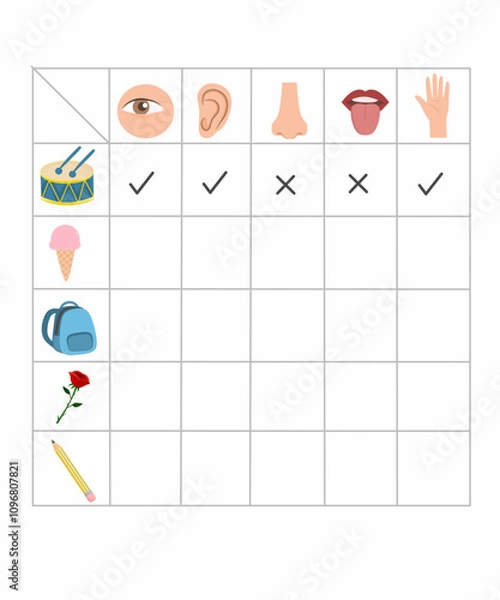 Fototapeta Five senses worksheet for kids, mark five senses would use for each object, five senses activity printable 