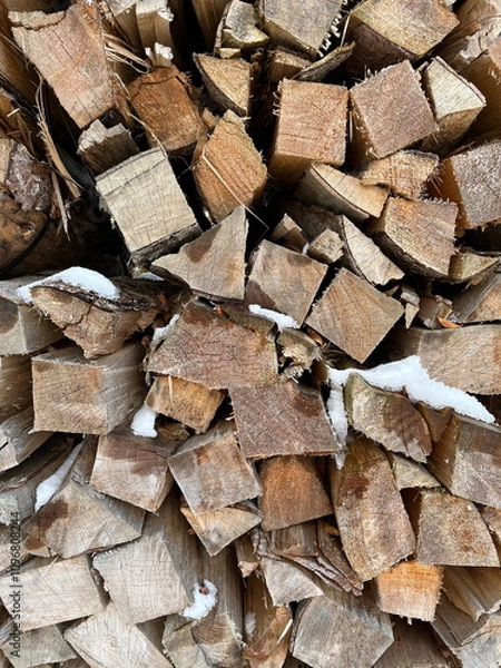 Obraz Closeup of woodpile with snow on it