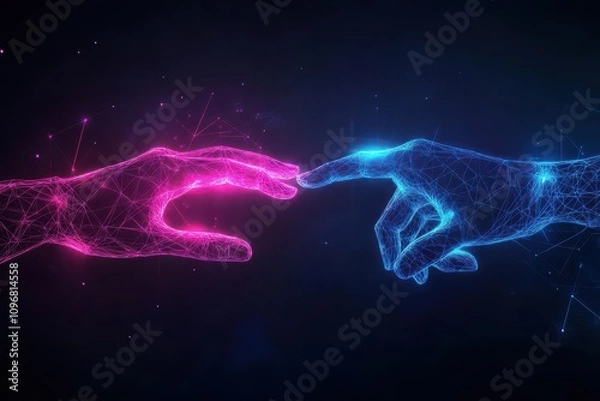 Fototapeta Two glowing hands reaching towards each other, surrounded by flowing digital lines, abstract dark background, neon blue and pink light, futuristic, 3D style