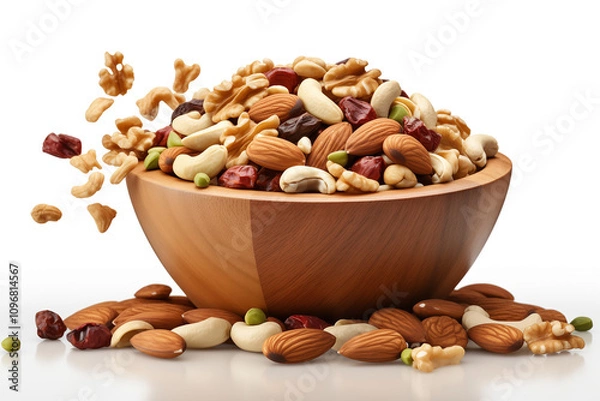 Fototapeta Wooden Bowl of Mixed Nuts on White Background