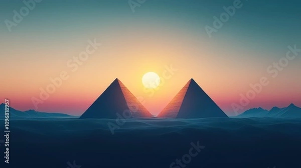 Fototapeta Egyptian pyramids under the golden sun, front view, symbolizing ancient civilizations architectural brilliance, cybernetic tone, Triadic Color Scheme