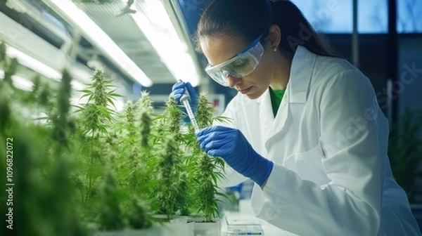 Fototapeta Cannabis Research: Scientist Analyzing Marijuana Plants in a Modern Laboratory