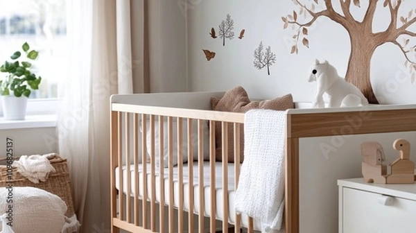 Fototapeta A beautifully decorated nursery featuring a wooden crib, tree wall decals, and plush toys, creating a warm and inviting atmosphere for a child to sleep comfortably.