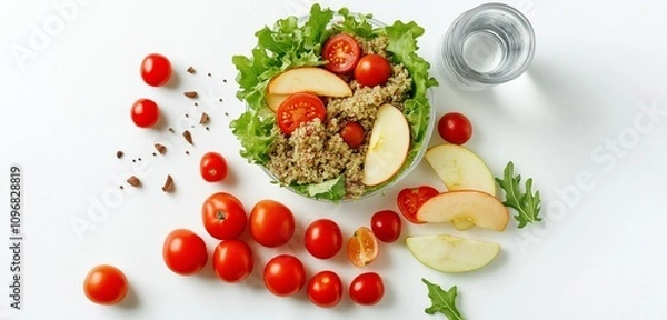 Fototapeta A nutritious school lunch with a quinoa salad, cherry tomatoes, apple slices, and a small water bottle placed neatly on a plain white surface, offering a balanced and fresh look.