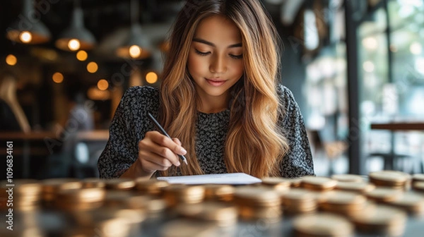 Fototapeta Young woman in a cozy café writing in a notebook, surrounded by books and warm ambient lighting.