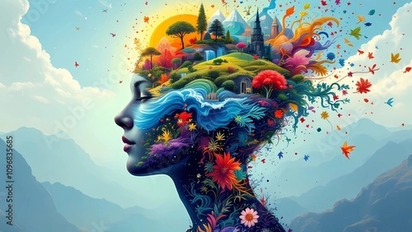 Fototapeta A Woman’s Head Transforms Into a Vibrant Landscape Filled With Colorful Flowers and Trees, Symbolizing Creativity and Imagination