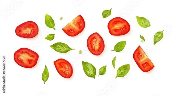 Obraz Fresh tomatoes and basil leaves on a white isolated background.