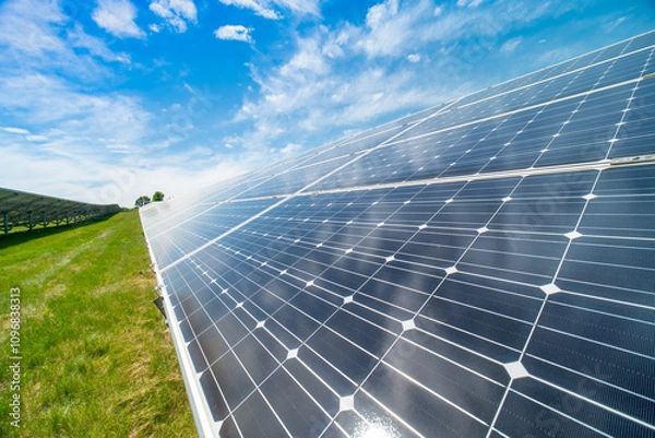 Fototapeta Solar power capturing station and storage plant. Solar panels farm wide geometric view. Renewable eco-friendly energy and green technology reducing carbon footprint and environmental impact.