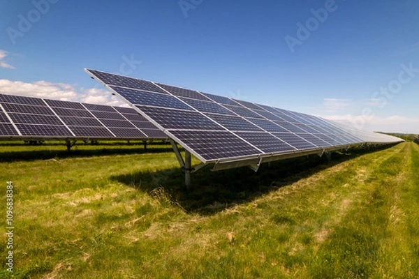 Fototapeta Solar farm close up view, field of solar power plant with photovoltaic cells in panel at sunny summer day. Green technology landscape and clean electricity generation from sun. Carbon footprint reduce