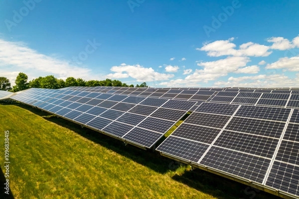 Fototapeta Solar power cells panels at power station in the field aerial. Green energy and ecology innovation for preservation of nature and avoid environment impact. Photovoltaic solar panels technologies