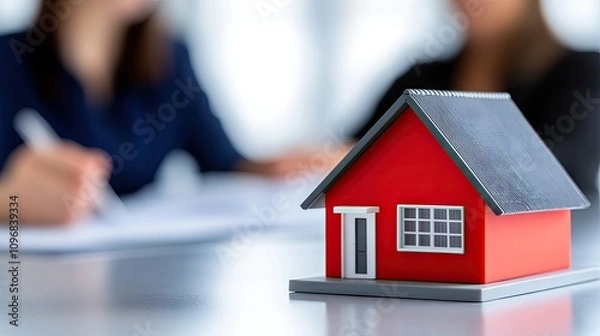 Fototapeta Small house model highlights real estate activity in office setting with agents discussing deals and paperwork